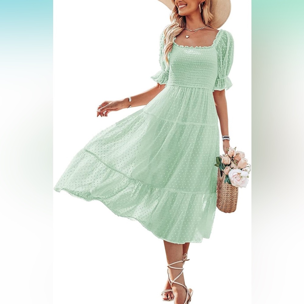 Square Neck Puff Sleeve Ruffle Midi Smocked Dress